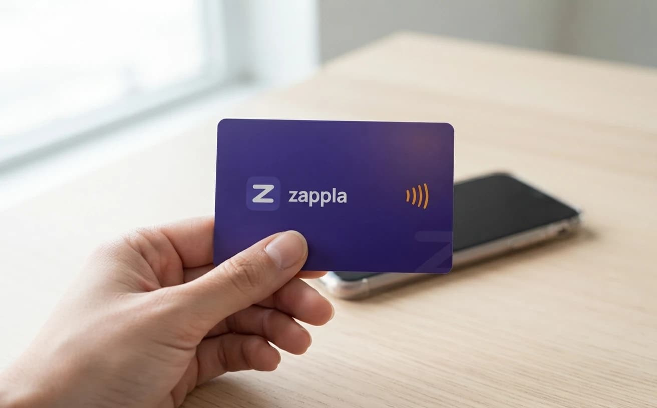 A Zappla Tap kártya kézben, mögötte egy telefon — a kártya bankkártya méretű